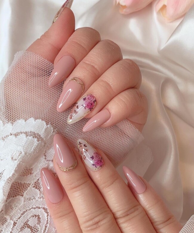 40 Nude Nail Designs For Any Occasion — Garden Rose Nude Nail Art