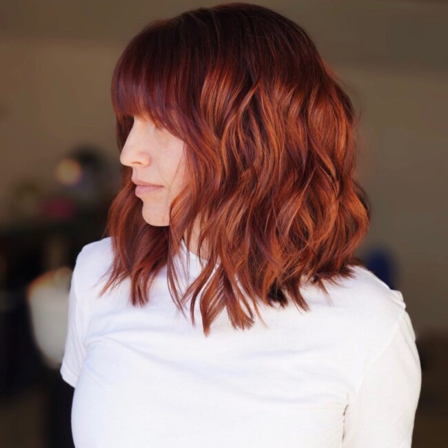 32 Shoulder Length Haircuts — Golden Mahogany Long Bob with Bangs