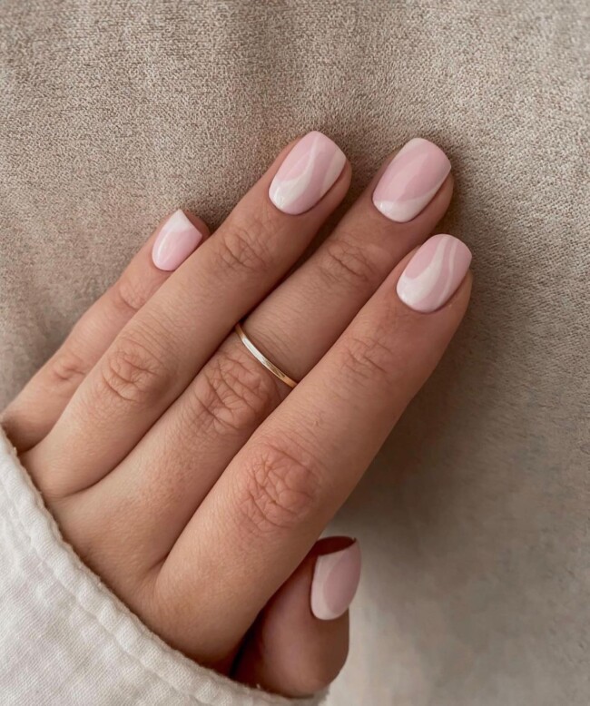 35 Cute Nail Designs for Spring and Summer — White Swirl Nude Short Nail Art