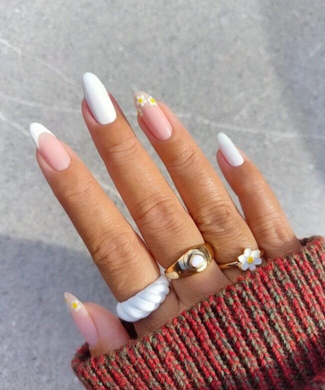 40 Nude Nail Designs For Any Occasion — Flower and White Tips