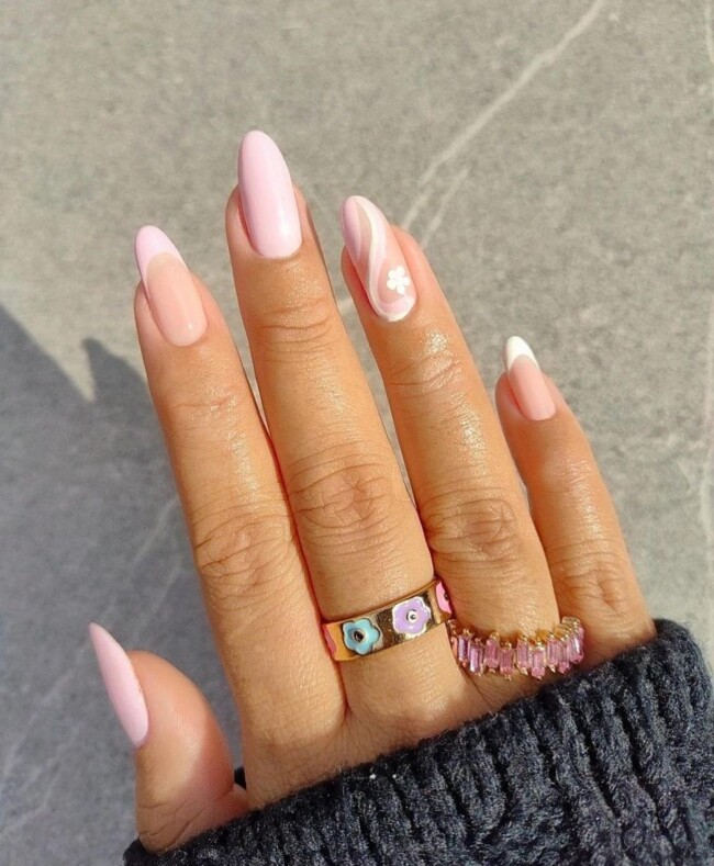 40 Nude Nail Designs For Any Occasion — Swirl, Flower Neutral Almond Nail Art