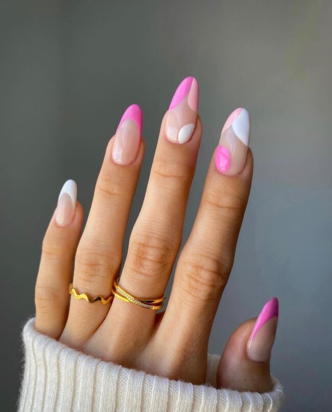 35 Cute Nail Designs for Spring and Summer — Pink and White Almond Nail Art