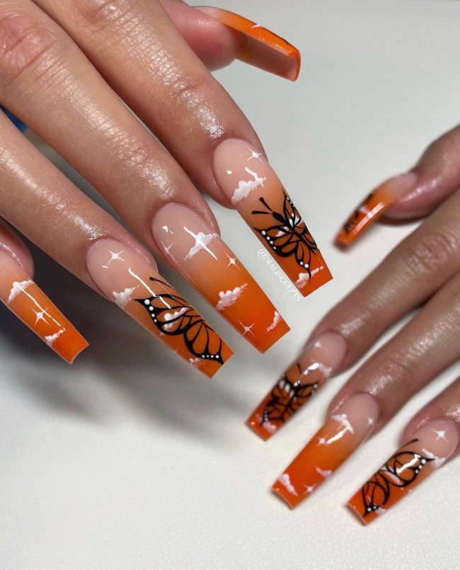 42 Hottest Acrylic Spring Nail Designs — Ombre Orange Cloud Nails