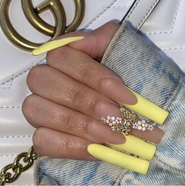 42 Hottest Acrylic Spring Nail Designs — Yellow French Tip Nails