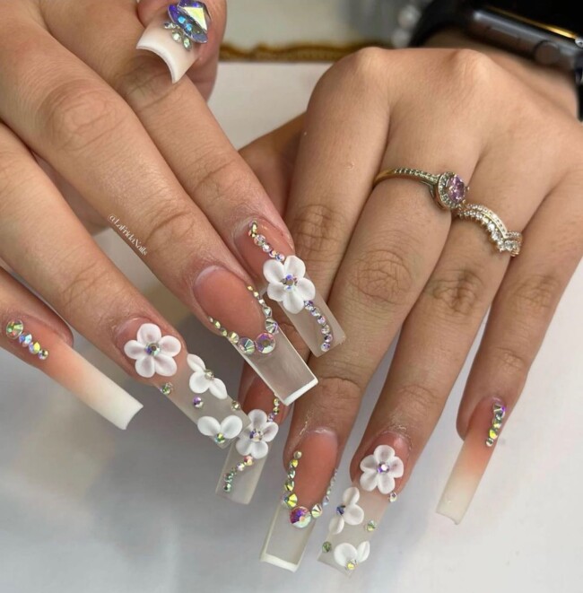 42 Hottest Acrylic Spring Nail Designs — Translucent 3D Flower Nails