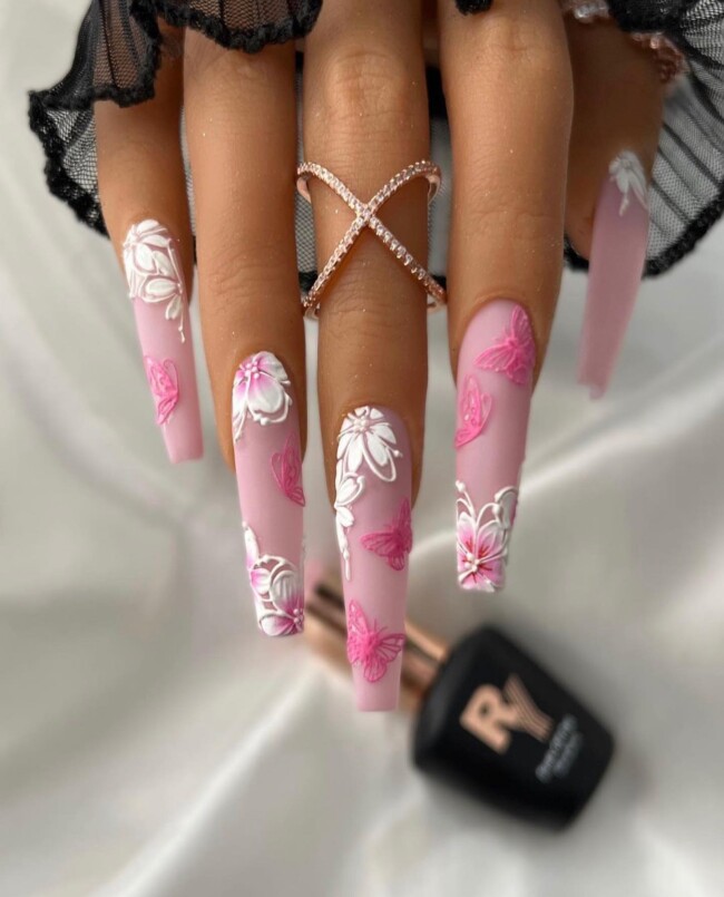 42 Hottest Acrylic Spring Nail Designs — Pink Nails with Butterfly + Flowers