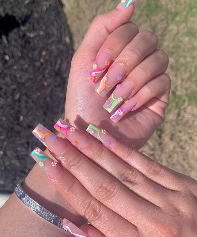 42 Hottest Acrylic Spring Nail Designs — Colorful Swirl Tip Nail Design