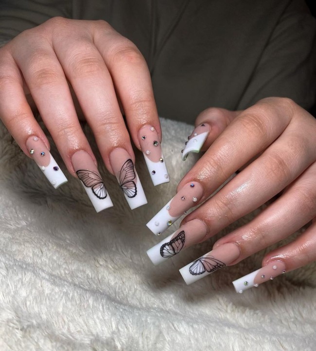 42 Hottest Acrylic Spring Nail Designs — White Tip Acrylic Nails with Butterfly