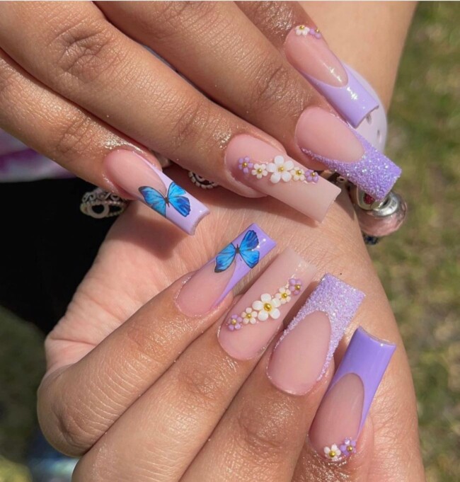 42 Hottest Acrylic Spring Nail Designs — Lilac French Nails with Butterfly & Flowers