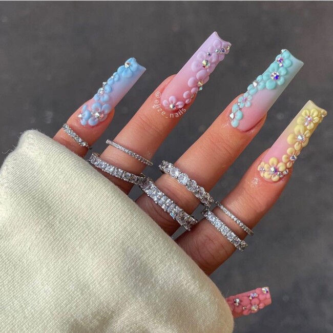 42 Hottest Acrylic Spring Nail Designs — Pastel Ombre Nails with 3D Flowers