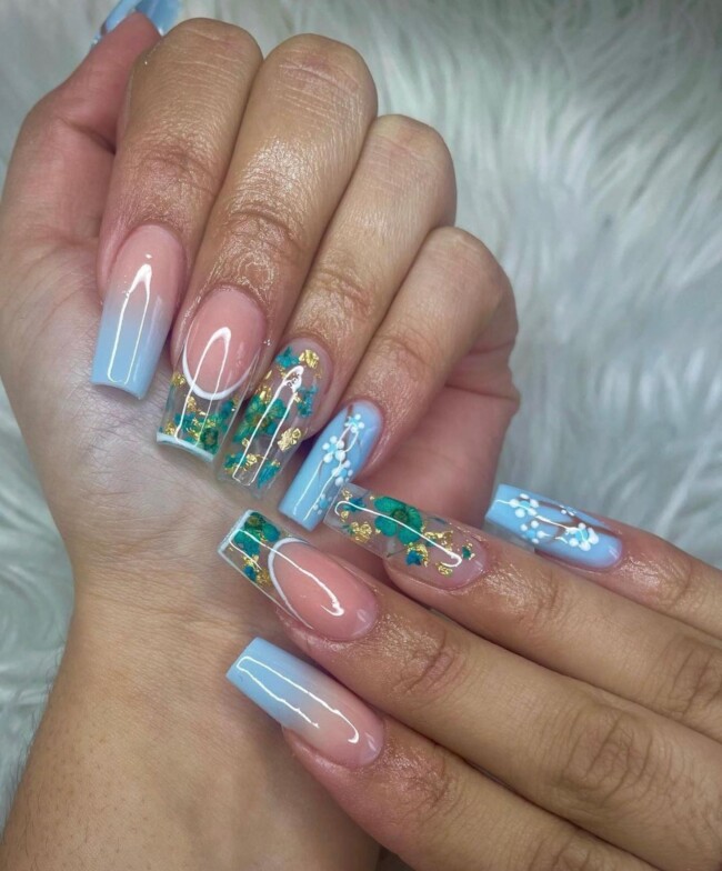 42 Hottest Acrylic Spring Nail Designs — Ombre Blue + Flower Pressed Nail Design