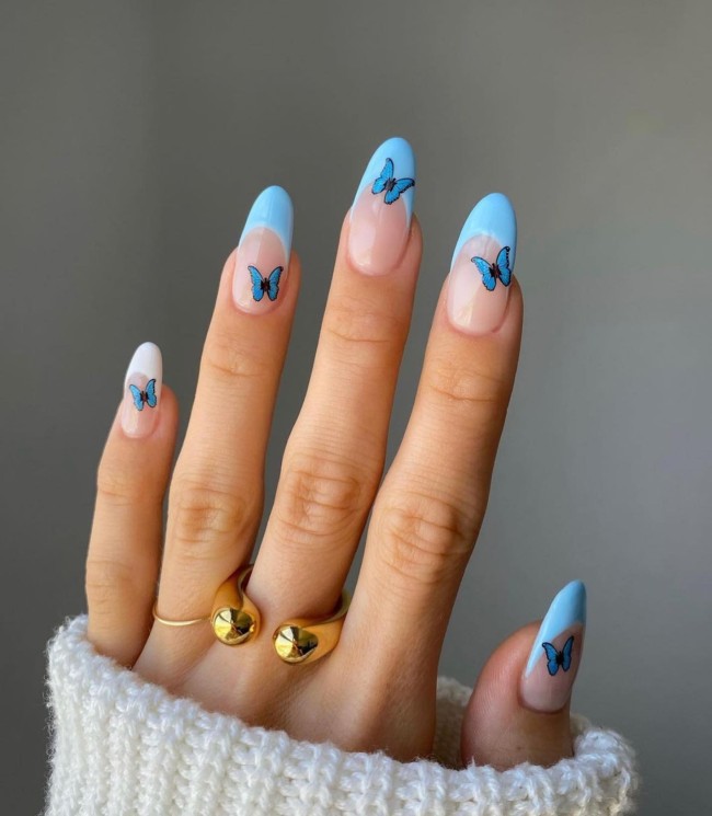 30 Best Spring Nail Colors and Designs — Blue French Nails with Butterfly Accents