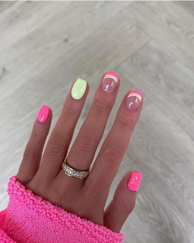 30 Mix and Match Short Nail Ideas — Pink and Pastel Yellow Nail Art