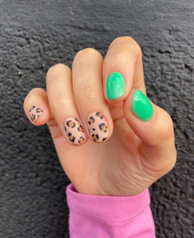 30 Mix and Match Short Nail Ideas — Green & Leopard Nails