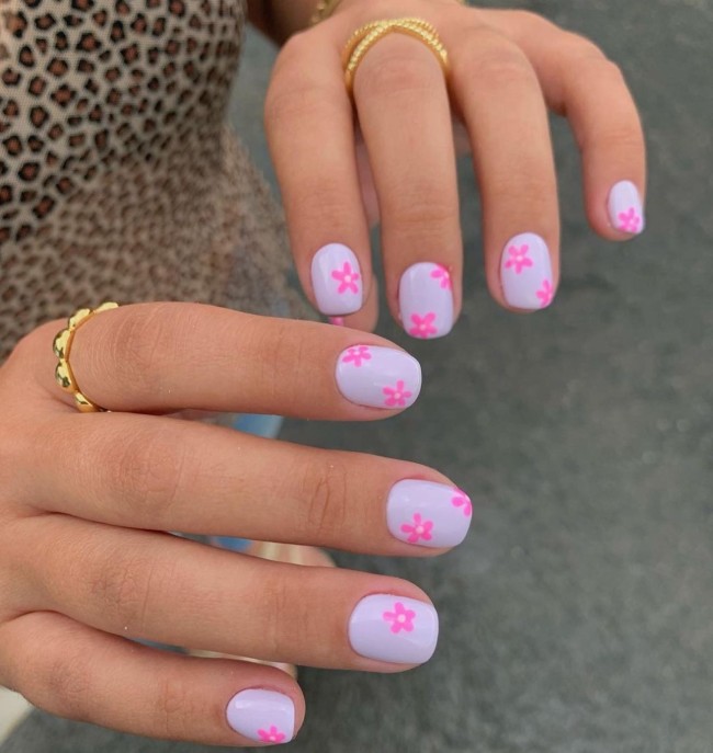 30 Mix and Match Short Nail Ideas — Pink Flower Lilac Nail Design