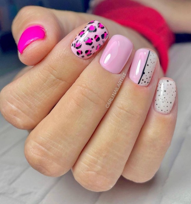 30 Mix and Match Short Nail Ideas — Pink Leopard & Speckled Nails