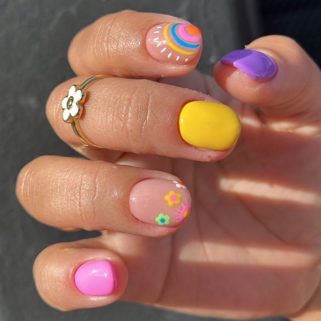 30 Mix and Match Short Nail Ideas — Rainbow & Flower Nail Art