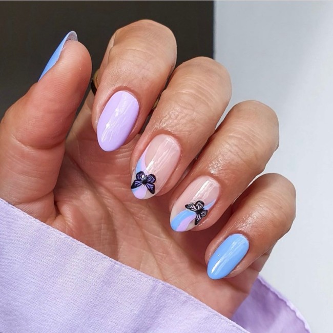 44 Cute Butterfly Nail Art Designs — Blue Swirl & Butterfly Nails