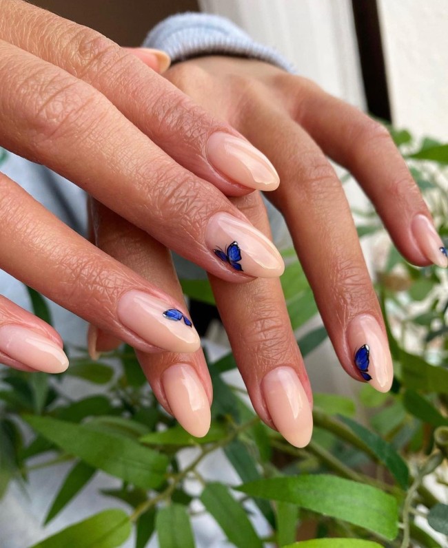 44 Cute Butterfly Nail Art Designs — Blue Butterfly Almond Nails