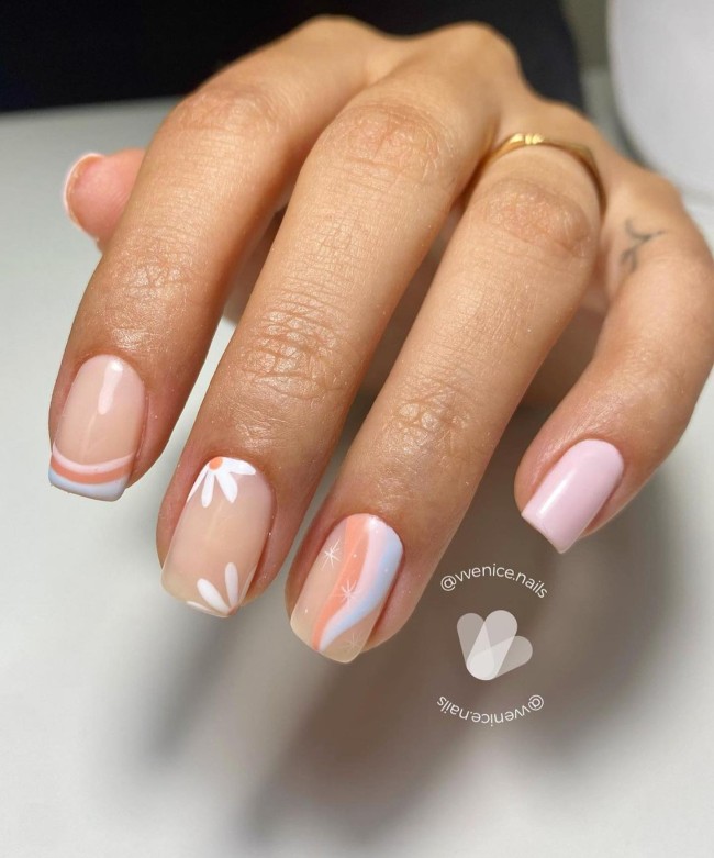 30 Mix and Match Short Nail Ideas — Swirl, Daisy and French Pink Nails