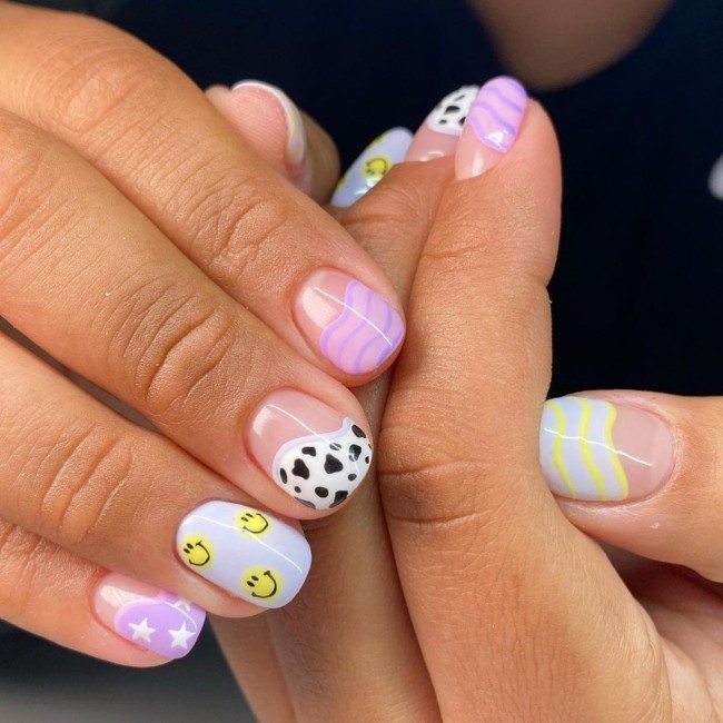 30 Mix and Match Short Nail Ideas — Cow, Smiley and Swirl Nail Design