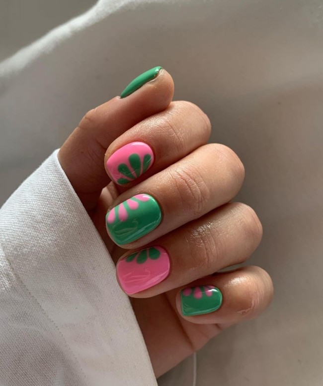 30 Mix and Match Short Nail Ideas — Green and Pink Nail Art