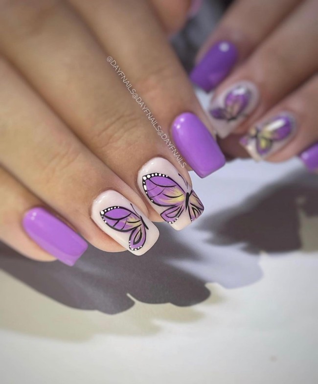 44 Cute Butterfly Nail Art Designs — Mixed Purple Butterfly Nails