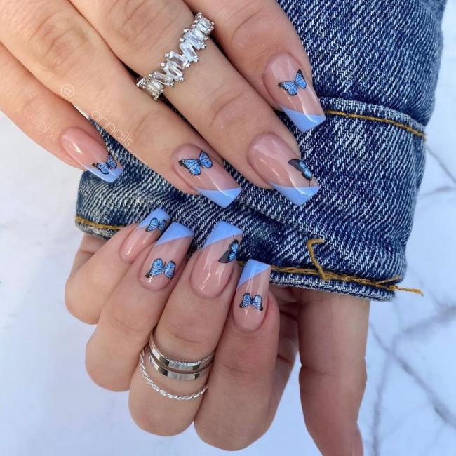 44 Cute Butterfly Nail Art Designs — Blue Butterfly & Side French Nails