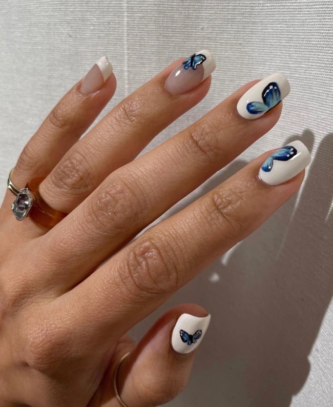 44 Cute Butterfly Nail Art Designs — Blue Butterfly & White French Nails