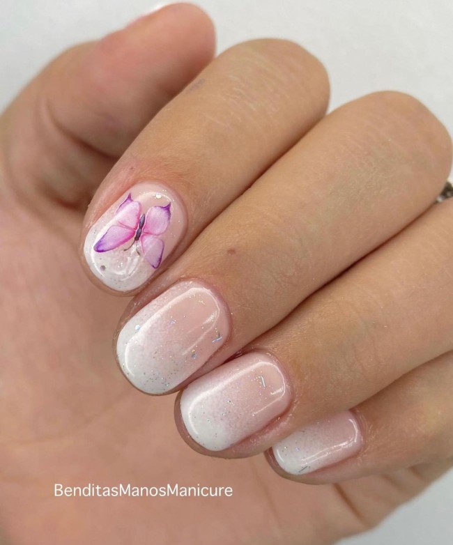 44 Cute Butterfly Nail Art Designs — Hot Pink Butterfly Ombre Shimmery Nails