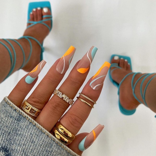 70 Pretty Nails That Are Appropriate To Wear in Summer — Mint and Orange Pressed On Nails