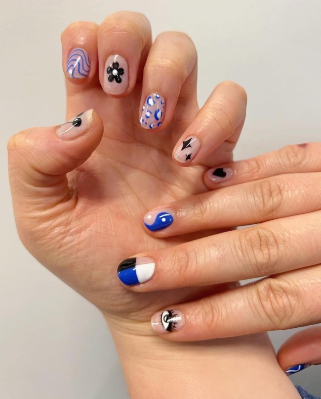 30 Mix and Match Short Nail Ideas — Blue and Black Nail Art Design