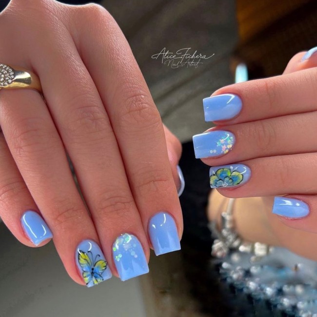 44 Cute Butterfly Nail Art Designs — Butterfly Baby Blue Short Nails