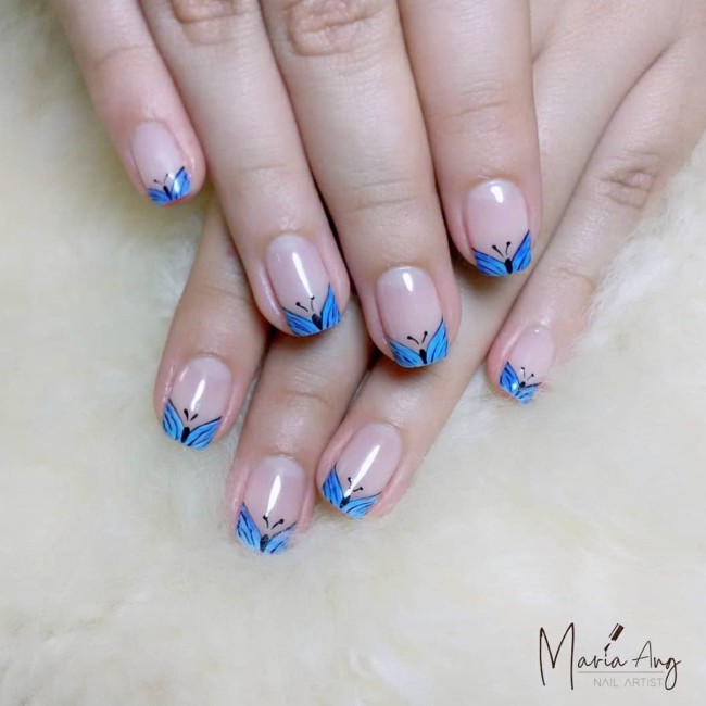 44 Cute Butterfly Nail Art Designs — Blue Butterfly Tip Nails