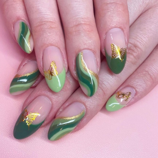 44 Cute Butterfly Nail Art Designs — Gold Outline Butterfly Green Nails