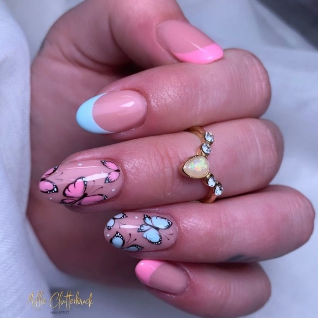 44 Cute Butterfly Nail Art Designs — Mint & Pink Butterfly Nails