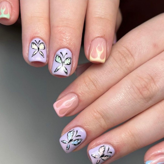 44 Cute Butterfly Nail Art Designs — Butterfly & Flame Short Nails