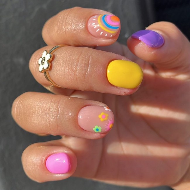 70 Pretty Nails That Are Appropriate To Wear in Summer — Rainbow and Flower Bright Color Nails