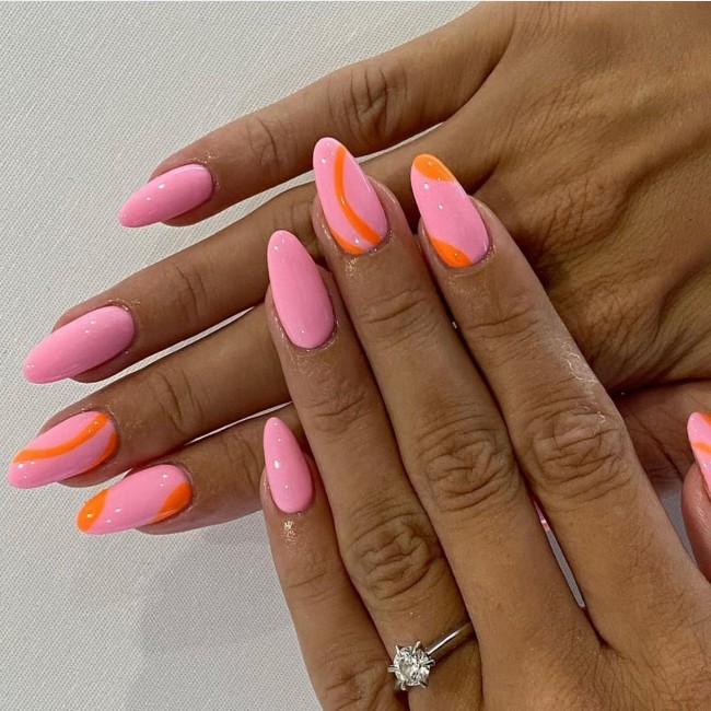 70 Pretty Nails That Are Appropriate To Wear in Summer — Swirl Orange Pink Almond Nails