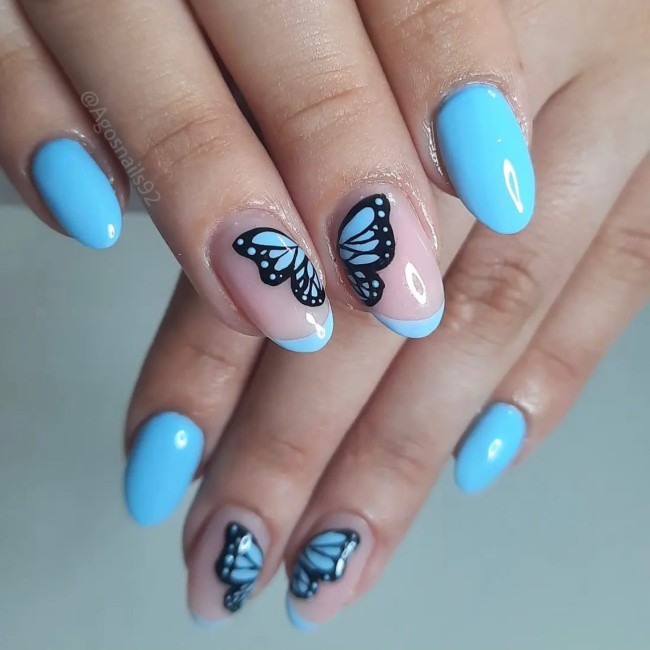 44 Cute Butterfly Nail Art Designs — Blue Colored French Nails with Butterfly Details