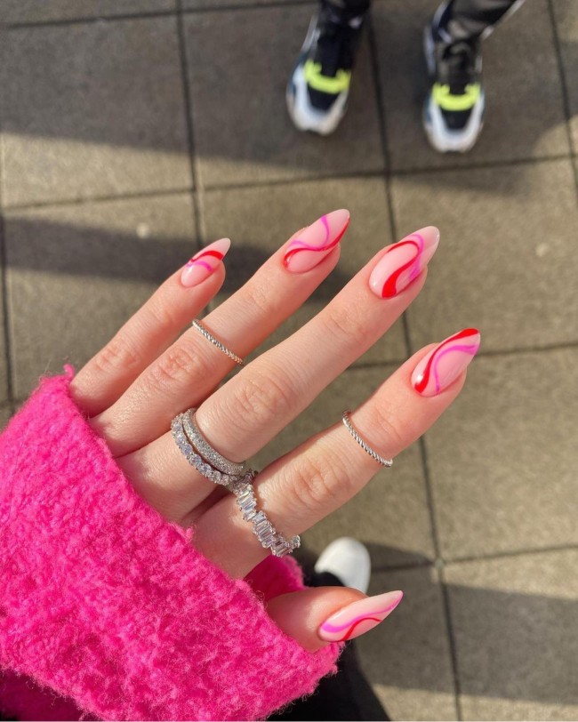 70 Pretty Nails That Are Appropriate To Wear in Summer — Swirl Pink & Red Almond Nails