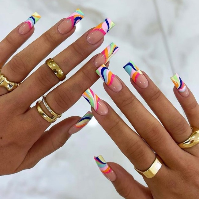 70 Pretty Nails That Are Appropriate To Wear in Summer — Swirl French Tip Acrylic Nails