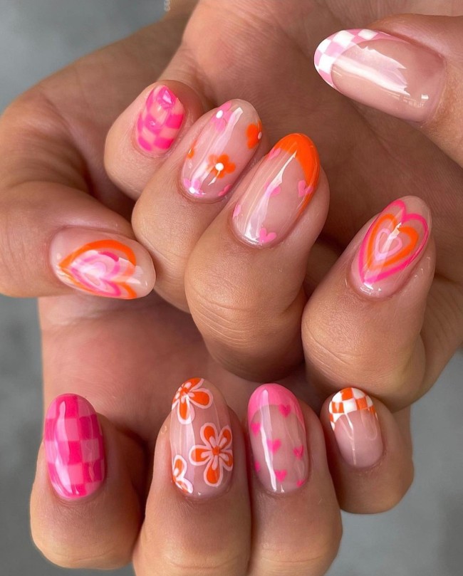 70 Pretty Nails That Are Appropriate To Wear in Summer — Fun Pink and Orange Nail Design