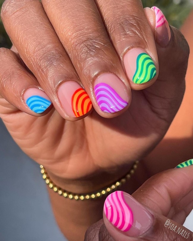 70 Pretty Nails That Are Appropriate To Wear in Summer — Colorful Swirl French Tip Short Nails