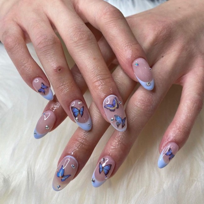 44 Cute Butterfly Nail Art Designs — Blue Butterfly & French Tip Nails