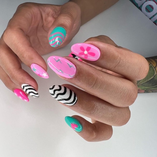 70 Pretty Nails That Are Appropriate To Wear in Summer — Bright Pink & Teal Funky Nails