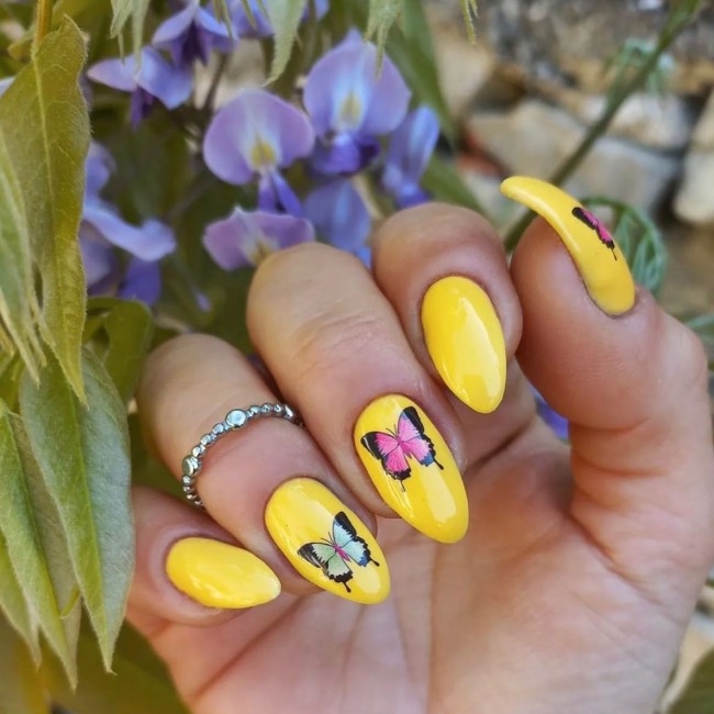 44 Cute Butterfly Nail Art Designs — Butterfly Yellow Based Nails