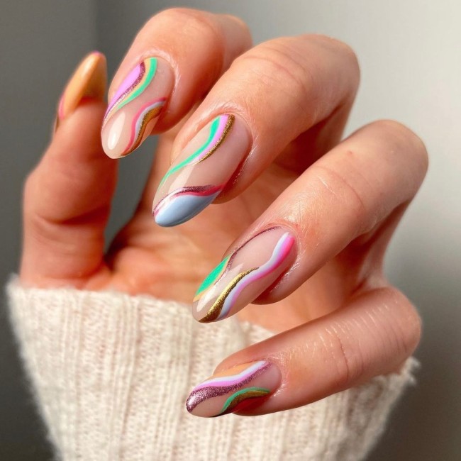 70 Pretty Nails That Are Appropriate To Wear in Summer — Glitter & Rainbow Swirl Almond Nails