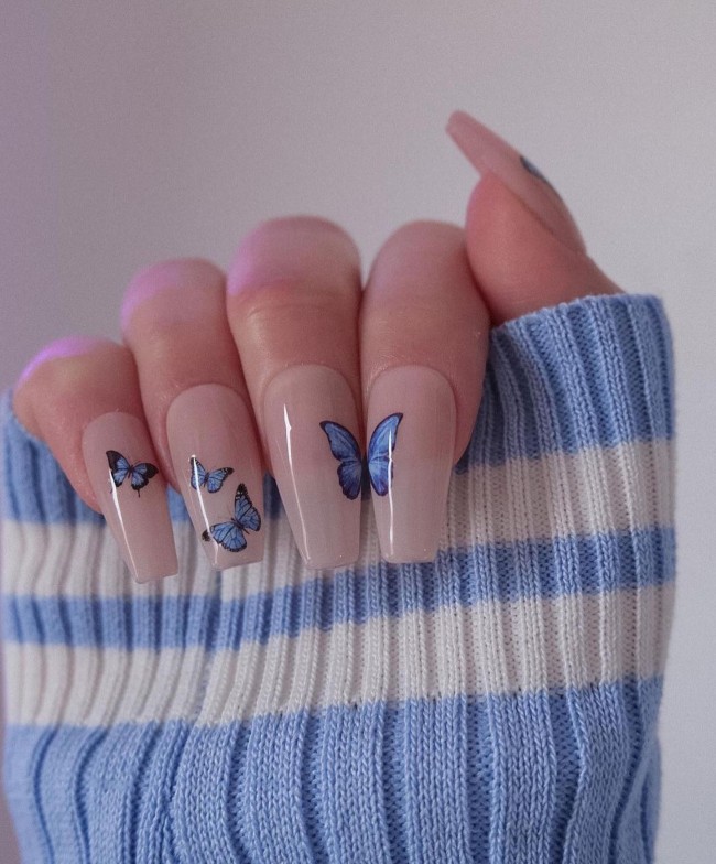 44 Cute Butterfly Nail Art Designs — Nude Pink Base Nails with Blue Butterfly