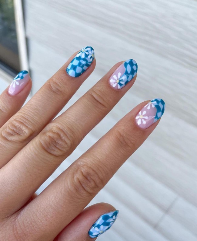 blue checkered board nails, blue check nails, summer nails, summer nail trends, summer nail ideas, summer nail designs, summer nails 2022, vibrant nails, bright nails, nail art designs, colorful nails, mix and match nails, funky summer nails, colorful flower nails